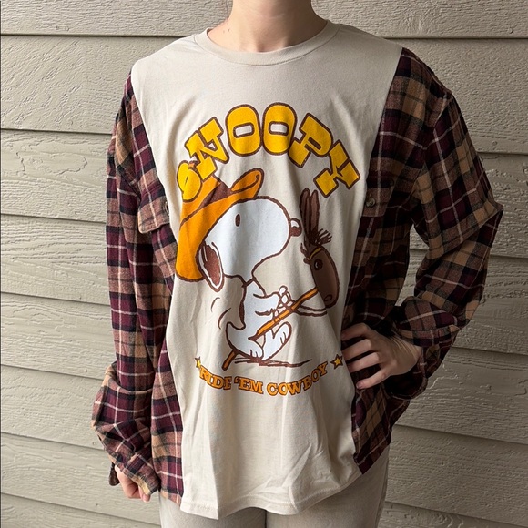 Upcycled Tops - Snoopy Cowboy Upcycled Sweatshirt Flannel Shirt OS Handmade